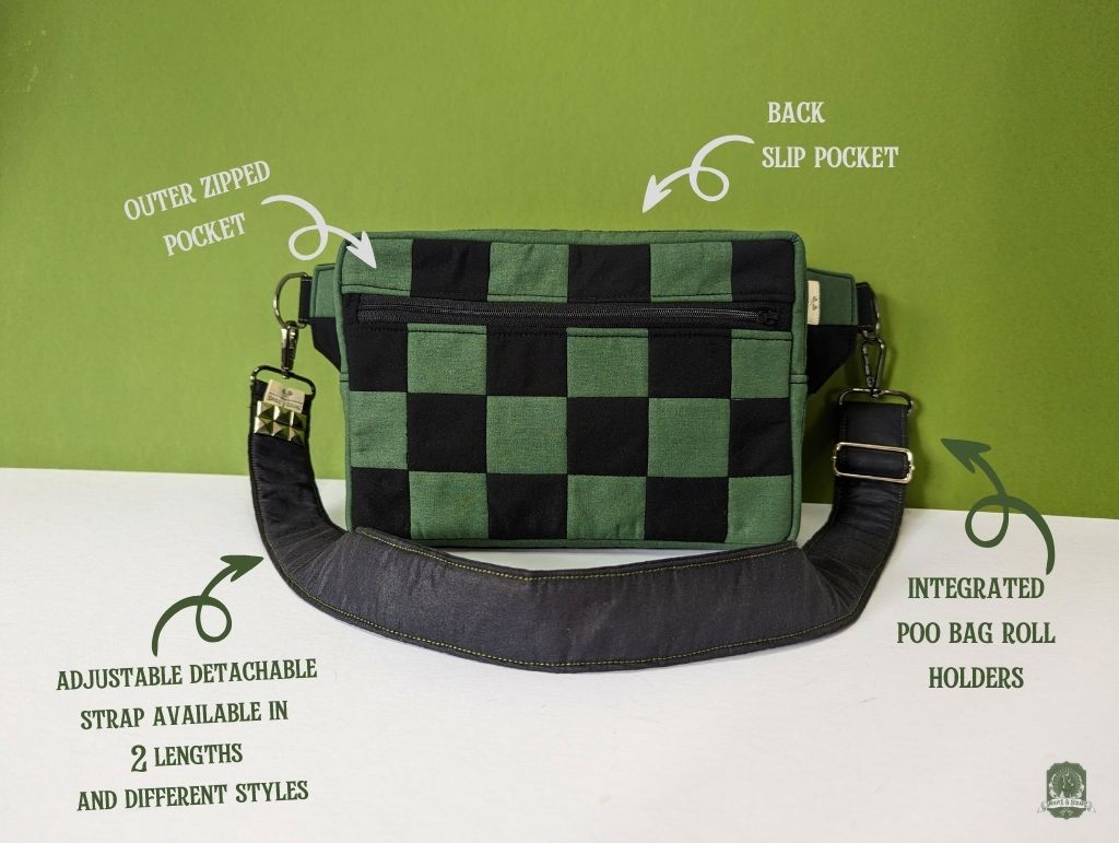 Snoots On The Go | Upcycled Dog Walking Bag | Green & Black Patchwork Checkerboard