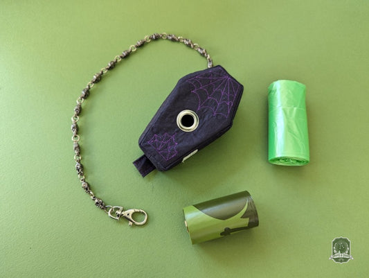 violet and black coffin poop bag holder handmade deadstock