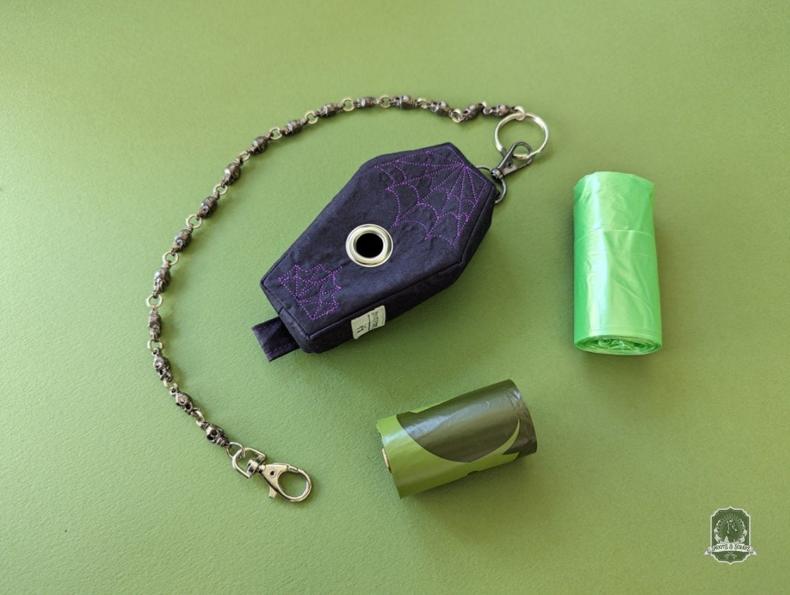 violet and black coffin poop bag holder handmade deadstock