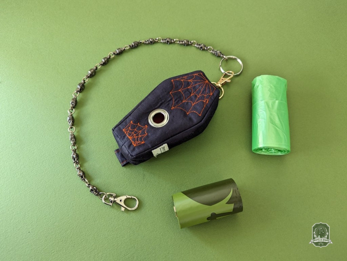 The Coffin | Black with Orange Spiderwebs | Poo Bag Holder