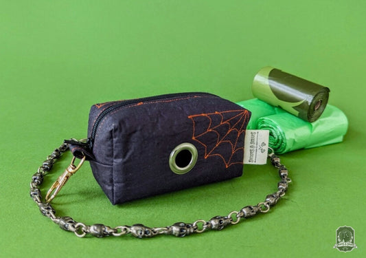 Deluxe | Poo Bag Holder | Black with Orange Spiderwebs