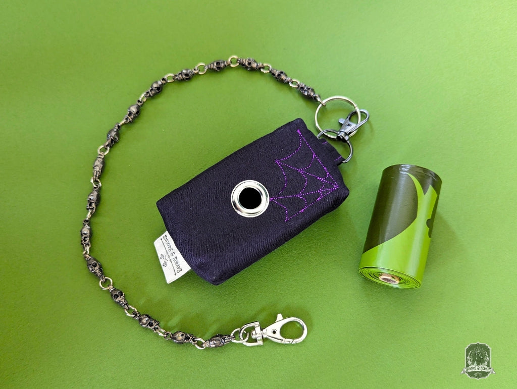 Mini | Poo Bag Holder | Black with Violet Spiderwebs