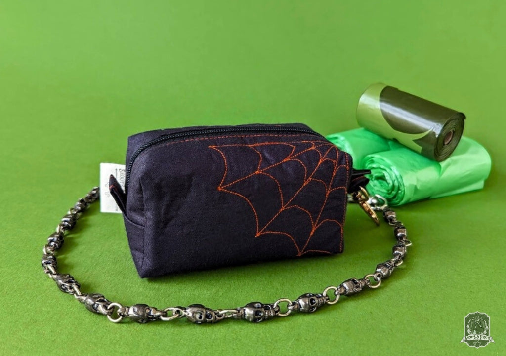 Deluxe | Poo Bag Holder | Black with Orange Spiderwebs