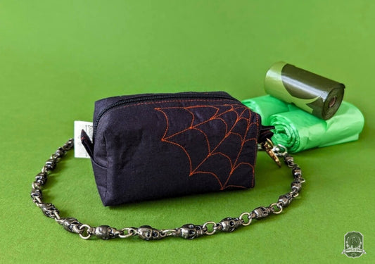 Deluxe | Poo Bag Holder | Black with Orange Spiderwebs