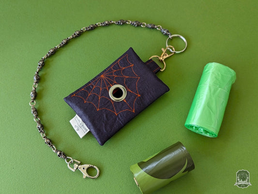 Flat | Poo Bag Holder | Black with Orange Spiderwebs