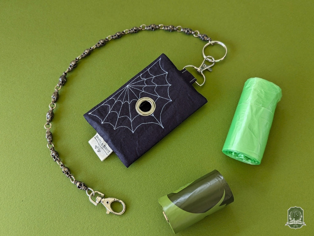 Flat | Poo Bag Holder | Black with White Spiderwebs