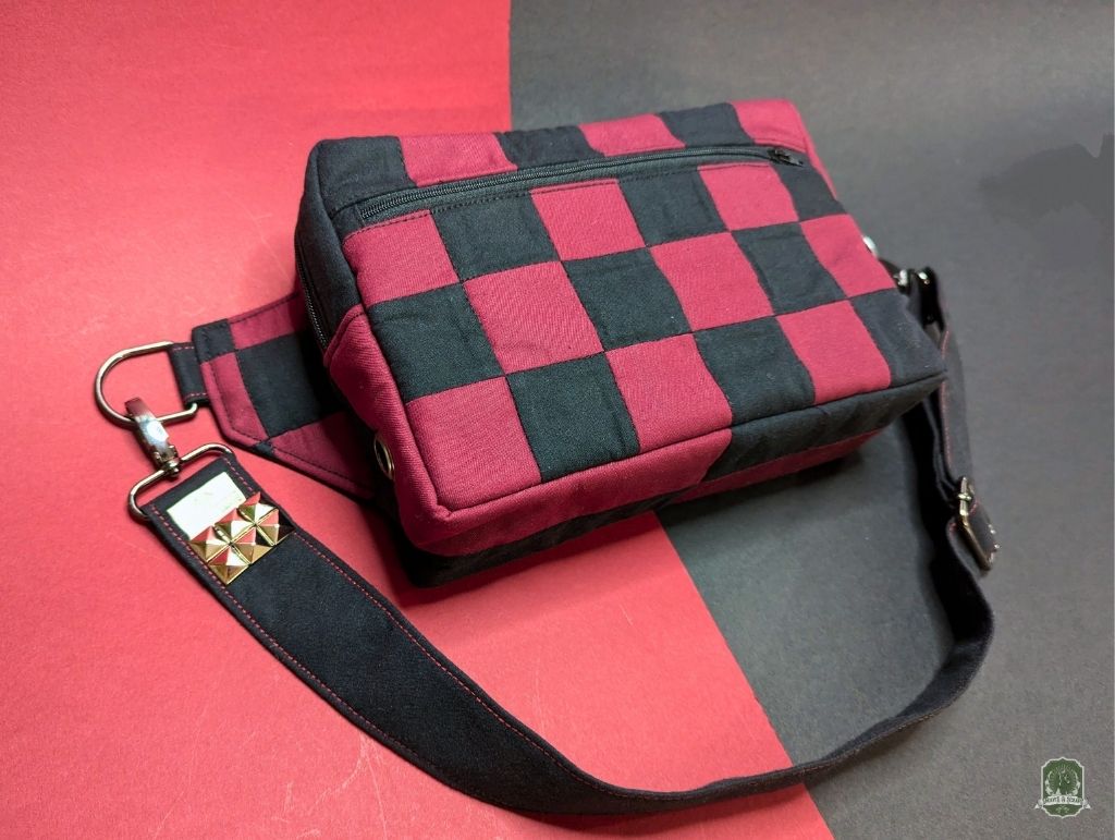 Snoots On The Go | Upcycled Dog Walking Bag | Burgundy Red & Black Checkerboard