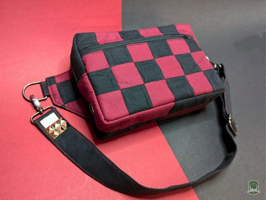 Snoots On The Go | Upcycled Dog Walking Bag | Burgundy Red & Black Checkerboard