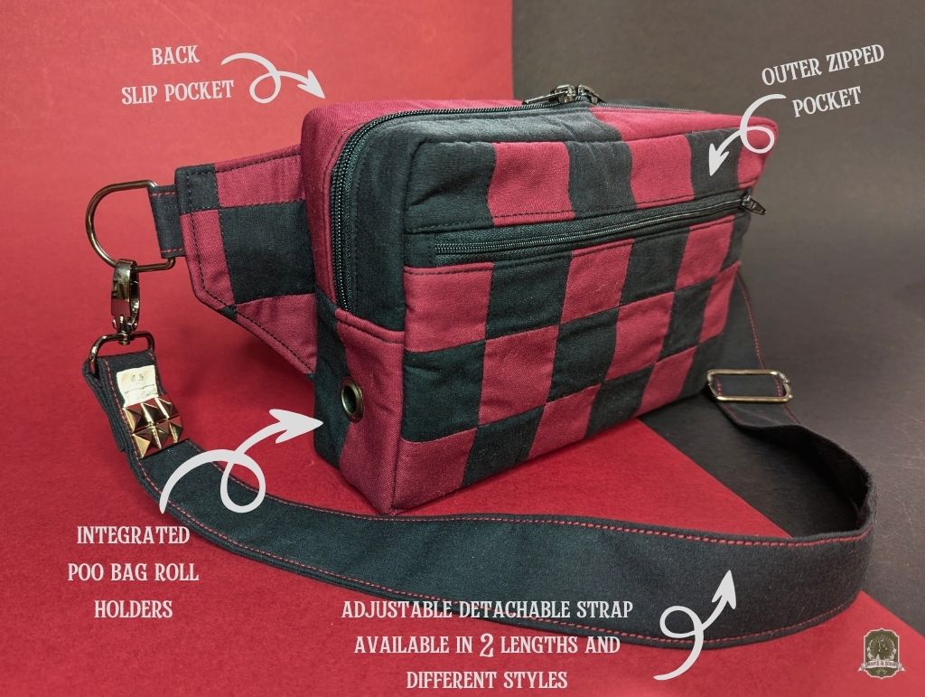 Snoots On The Go | Upcycled Dog Walking Bag | Burgundy Red & Black Checkerboard