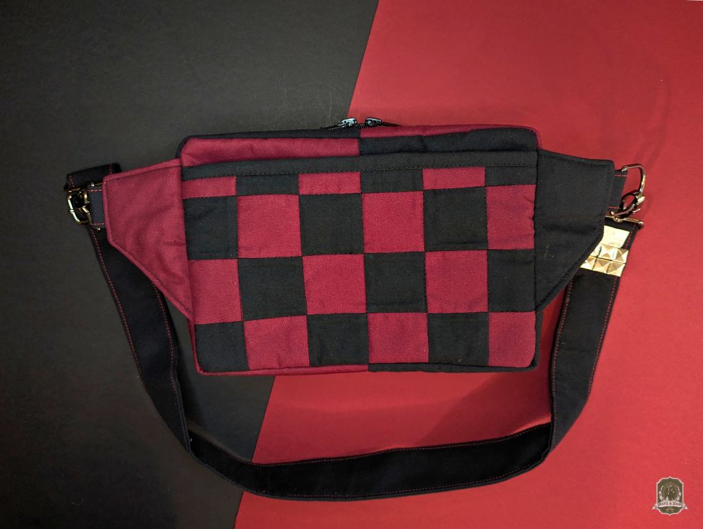 Snoots On The Go | Upcycled Dog Walking Bag | Burgundy Red & Black Checkerboard