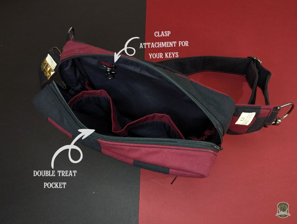 Snoots On The Go | Upcycled Dog Walking Bag | Burgundy Red & Black Checkerboard