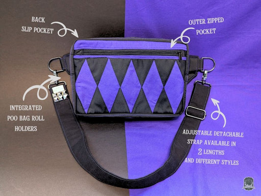 Snoots On The Go | Upcycled Dog Walking Bag | EPP Purple Diamonds