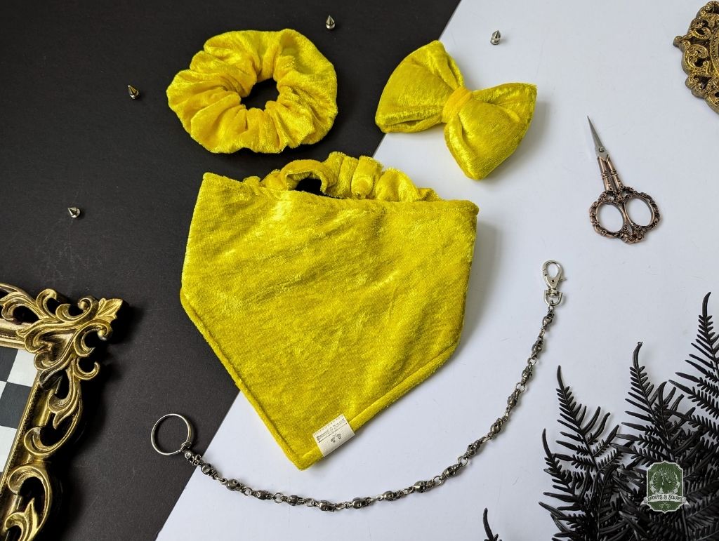 Golden Velvet Bundle | Elastic Dog Bandana + Bow Tie + Free Hair Scrunchie