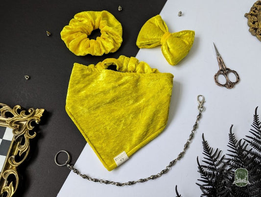 Golden Velvet Bundle | Elastic Dog Bandana + Bow Tie + Free Hair Scrunchie