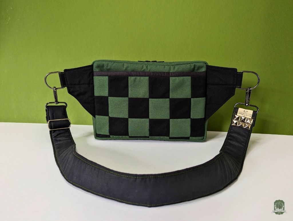 Snoots On The Go | Upcycled Dog Walking Bag | Green & Black Patchwork Checkerboard