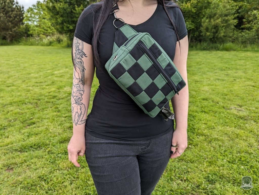 Snoots On The Go | Upcycled Dog Walking Bag | Green & Black Patchwork Checkerboard