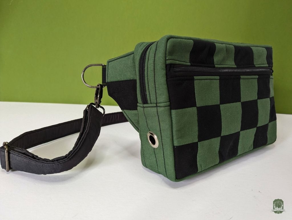 Snoots On The Go | Upcycled Dog Walking Bag | Green & Black Patchwork Checkerboard