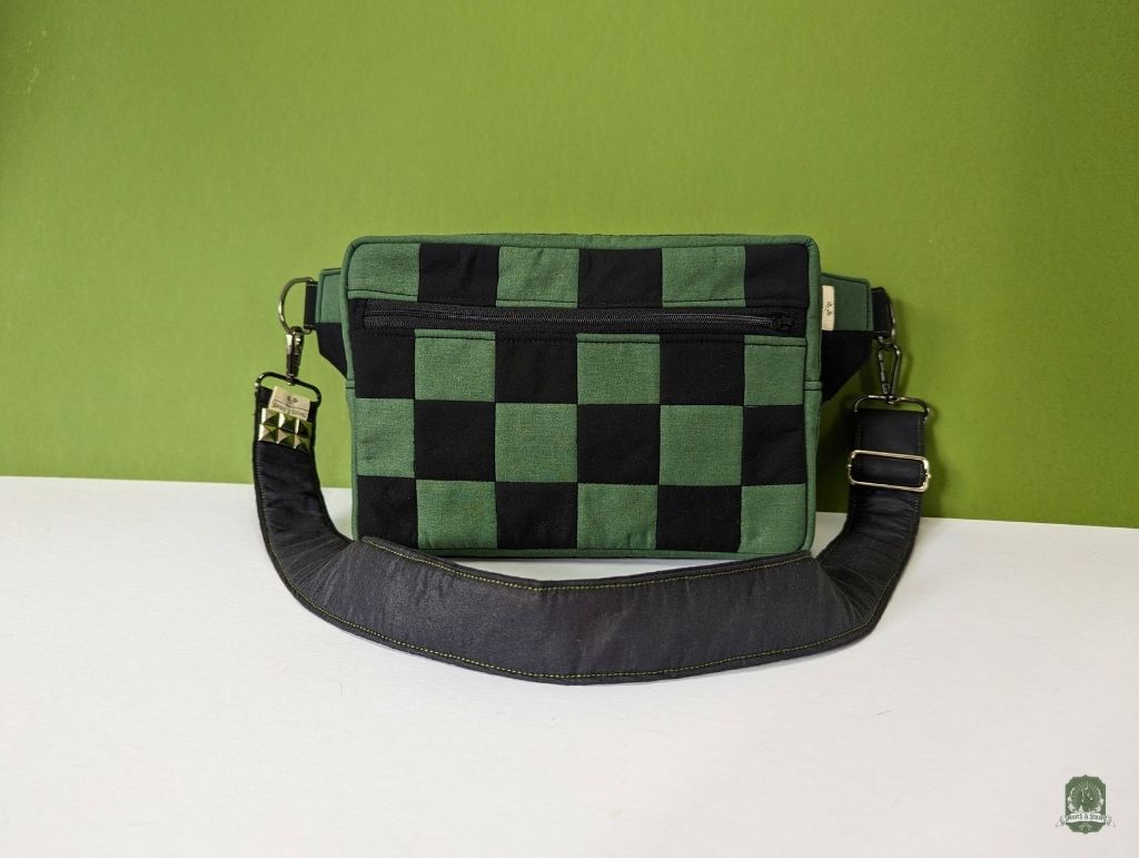 Snoots On The Go | Upcycled Dog Walking Bag | Green & Black Patchwork Checkerboard