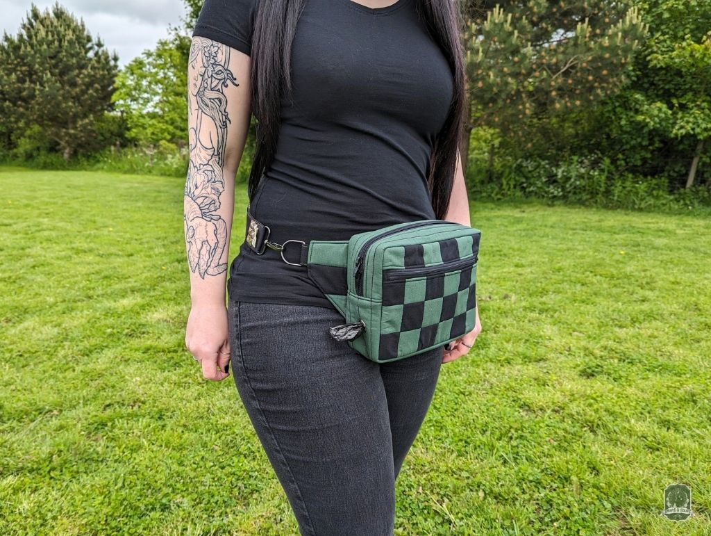 Snoots On The Go | Upcycled Dog Walking Bag | Green & Black Patchwork Checkerboard