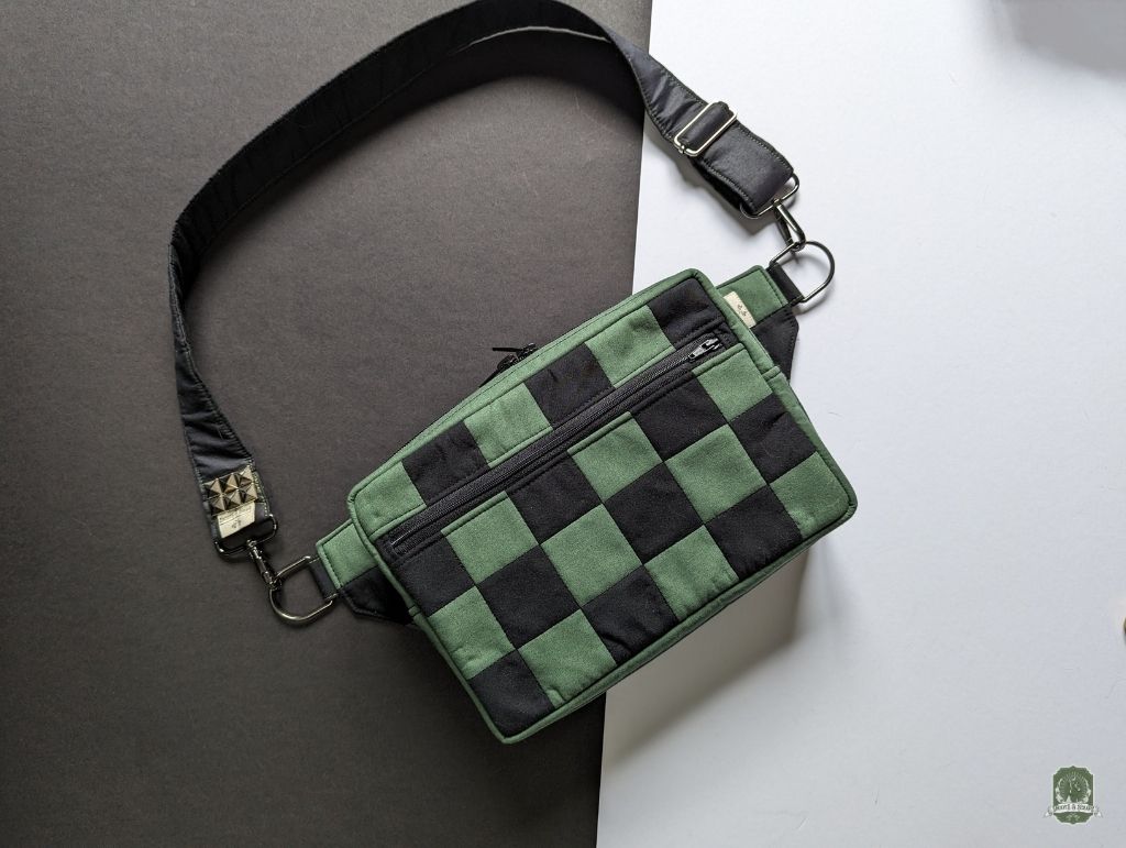 Snoots On The Go | Upcycled Dog Walking Bag | Green & Black Patchwork Checkerboard