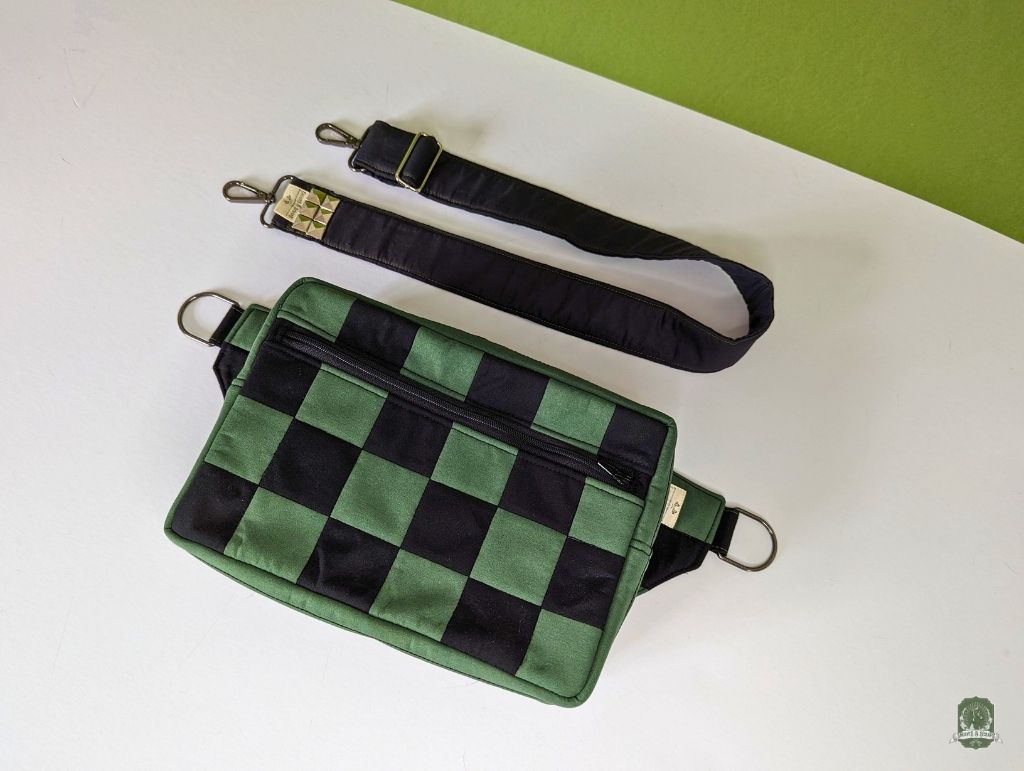 Snoots On The Go | Upcycled Dog Walking Bag | Green & Black Patchwork Checkerboard