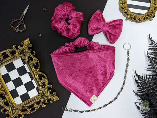 Hot Pink Velvet Bundle | Elastic Dog Bandana + Bow Tie + Free Hair Scrunchie
