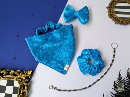 Ice Blue Velvet Bundle | Elastic Dog Bandana + Bow Tie + Free Hair Scrunchie
