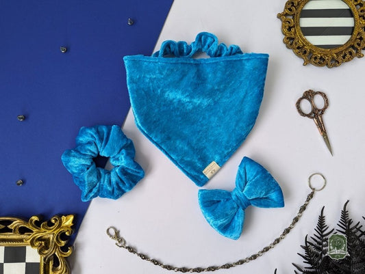 set of bright ice blue accessories, bandana bow tie and hair scrunchie