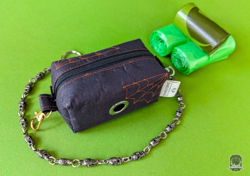 Deluxe | Poo Bag Holder | Black with Orange Spiderwebs