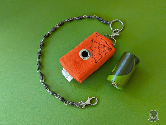 Mini | Poo Bag Holder | Orange with Black Spiderwebs