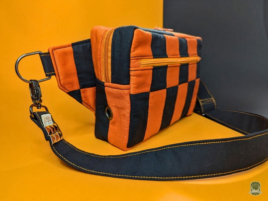 Snoots On The Go | Upcycled Dog Walking Bag | Black & Orange Rectangle Checks Patchwork