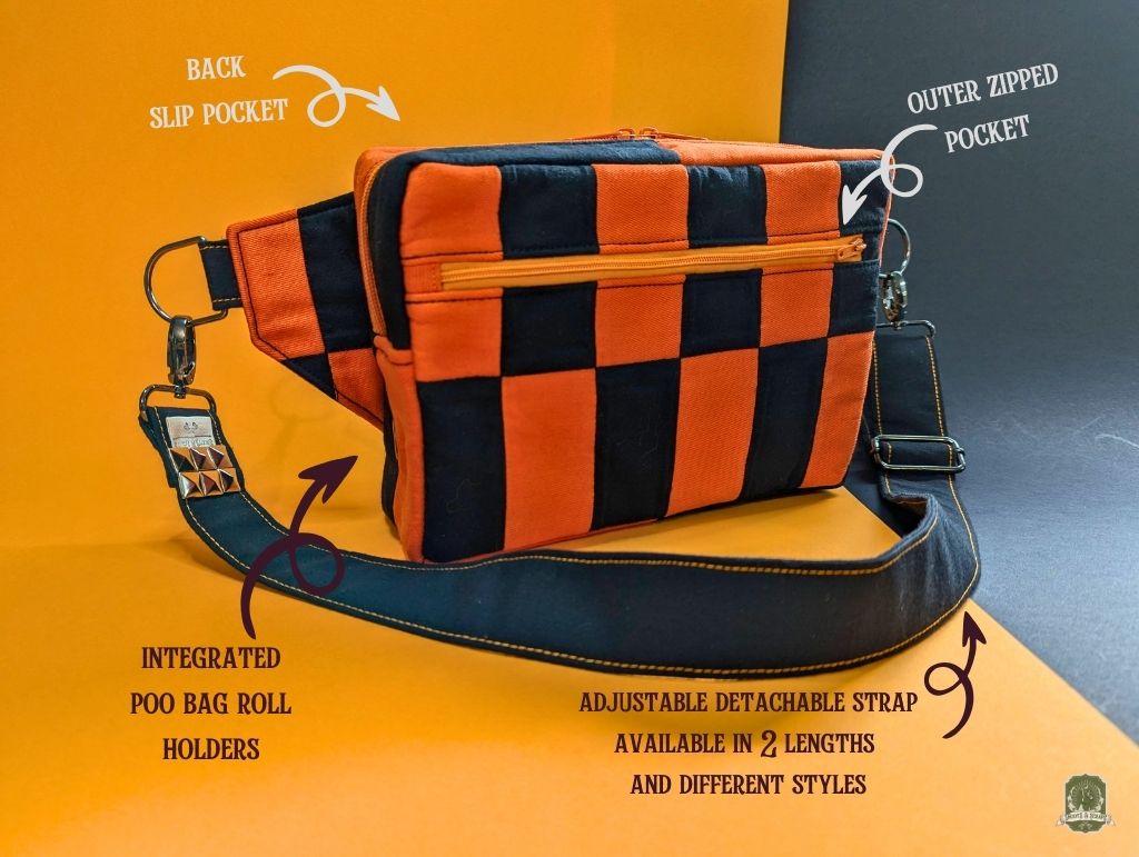 Snoots On The Go | Upcycled Dog Walking Bag | Black & Orange Rectangle Checks Patchwork