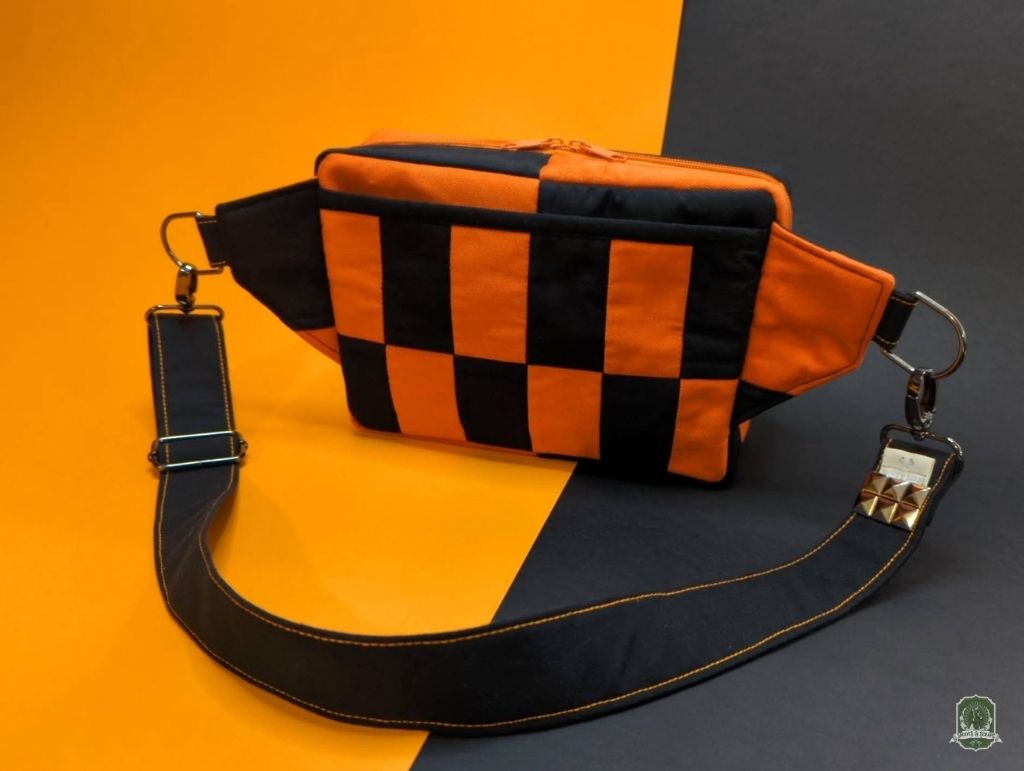 Snoots On The Go | Upcycled Dog Walking Bag | Black & Orange Rectangle Checks Patchwork