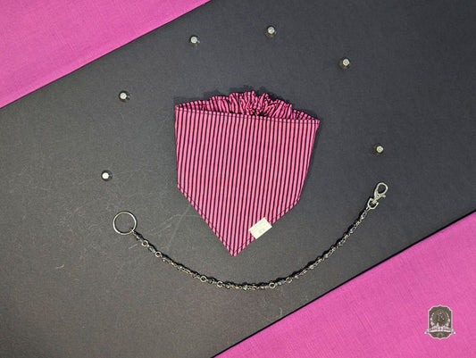 Pink and black striped dog bandana with elasticated collar, with chain on a black and pink background