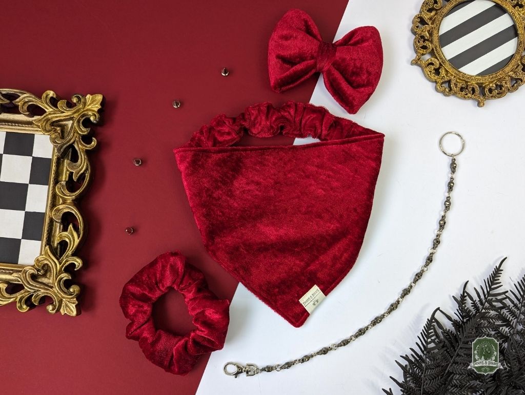 Red Berry Velvet | Elastic Dog Bandana + Bow Tie + Free Hair Scrunchie