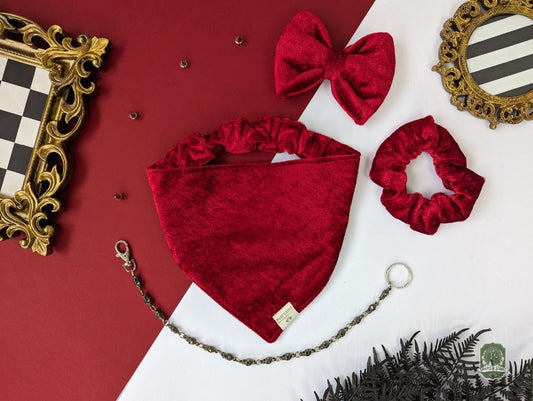 Red Berry Velvet | Elastic Dog Bandana + Bow Tie + Free Hair Scrunchie
