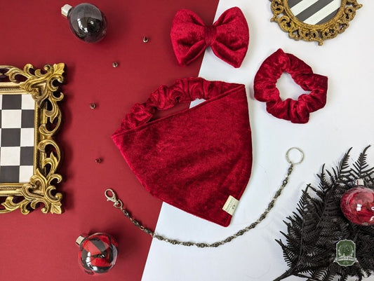 Red Berry Velvet | Elastic Dog Bandana + Bow Tie + Free Hair Scrunchie