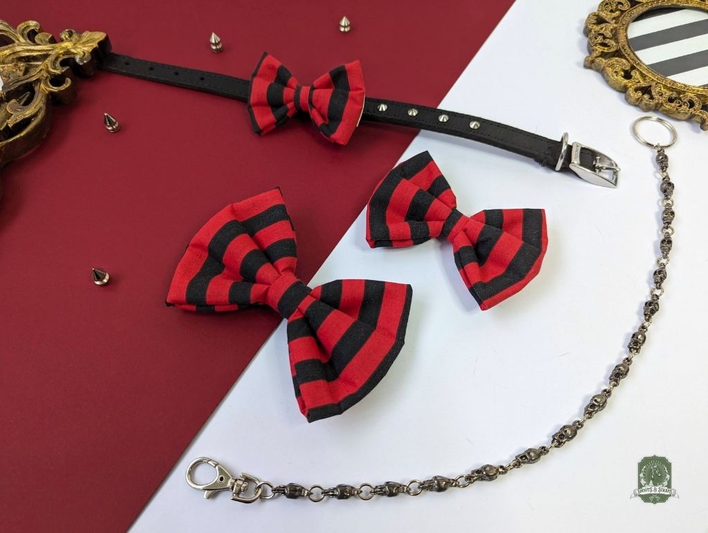 Black & Red Stripes Matching Set | Elastic Dog Bandana + Bow Tie + Poo Bag Holder | Dog Essentials Bundle