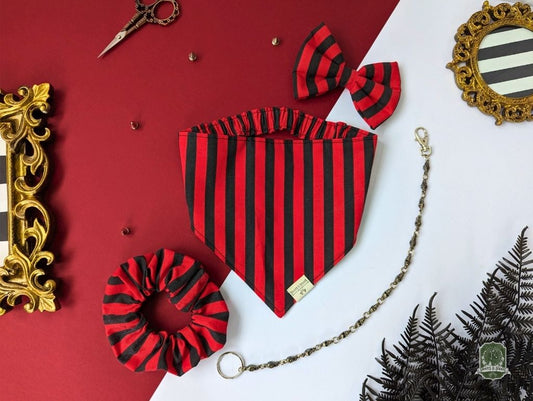 Black & Red Stripes Bundle | Elastic Dog Bandana + Bow Tie + Free Hair Scrunchie