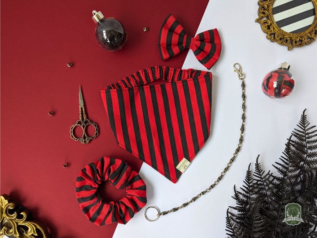Black & Red Stripes Bundle | Elastic Dog Bandana + Bow Tie + Free Hair Scrunchie