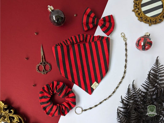Black & Red Stripes Bundle | Elastic Dog Bandana + Bow Tie + Free Hair Scrunchie