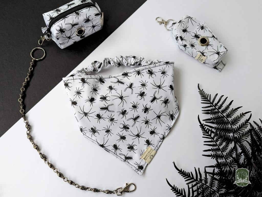 Spiders Matching Set | Elastic Dog Bandana + Bow Tie + Poo Bag Holder | Dog Essentials Bundle