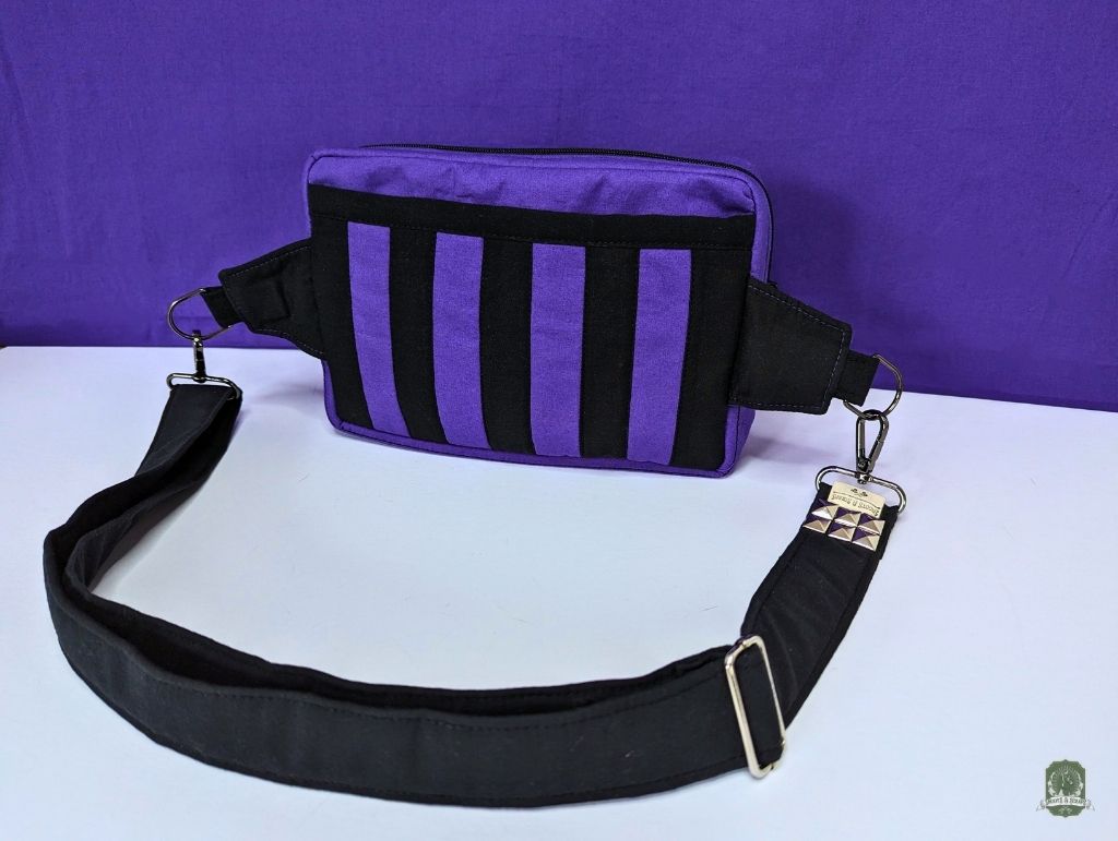 Snoots On The Go | Upcycled Dog Walking Bag | Violet & Black Patchwork Stripes