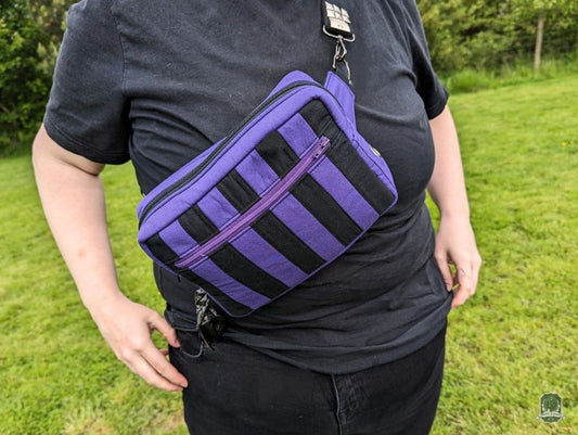 Snoots On The Go | Upcycled Dog Walking Bag | Violet & Black Patchwork Stripes
