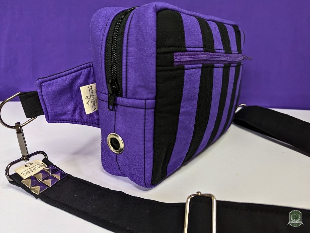 Snoots On The Go | Upcycled Dog Walking Bag | Violet & Black Patchwork Stripes