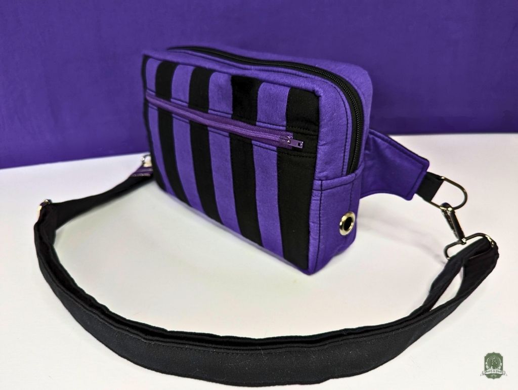 Snoots On The Go | Upcycled Dog Walking Bag | Violet & Black Patchwork Stripes