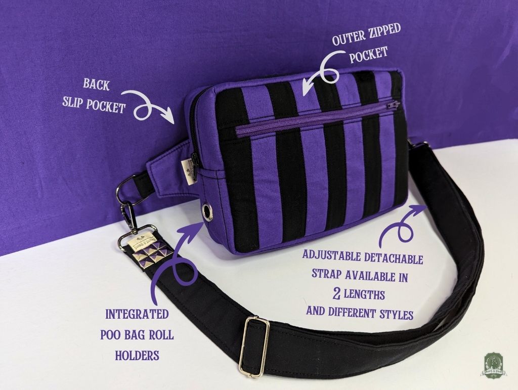 Snoots On The Go | Upcycled Dog Walking Bag | Violet & Black Patchwork Stripes