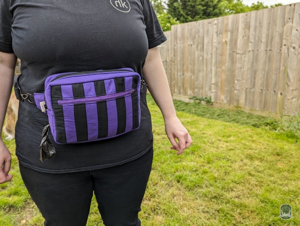 Snoots On The Go | Upcycled Dog Walking Bag | Violet & Black Patchwork Stripes