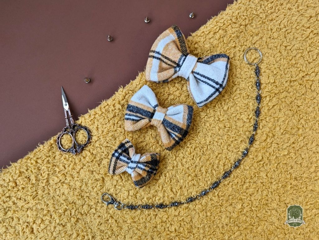 Yellow Tartan Check Bundle | Elastic Dog Bandana + Bow Tie + Free Hair Scrunchie