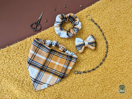 Yellow Tartan Check Bundle | Elastic Dog Bandana + Bow Tie + Free Hair Scrunchie